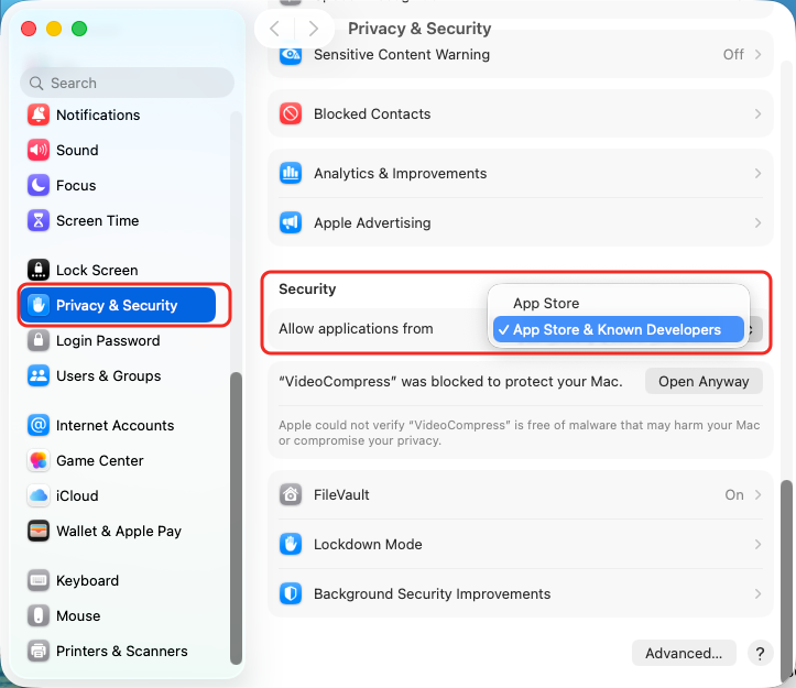 macOS setting allowing apps from the App Store and identified developers