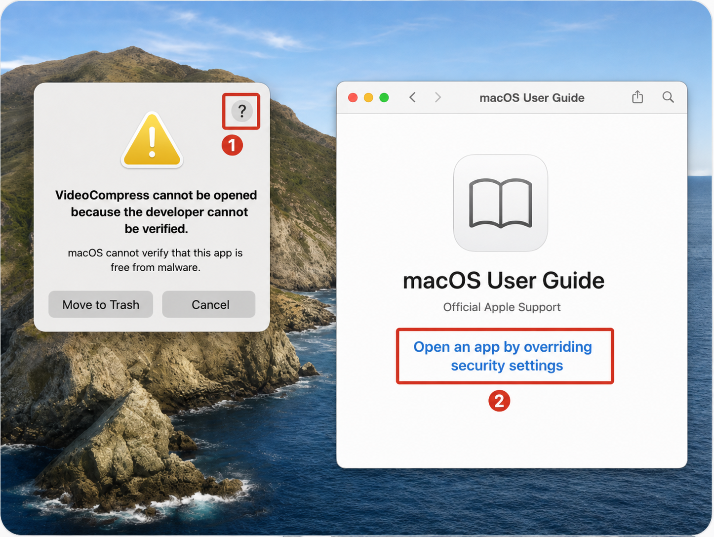 macOS warning dialog with security help link highlighted for VideoCompress